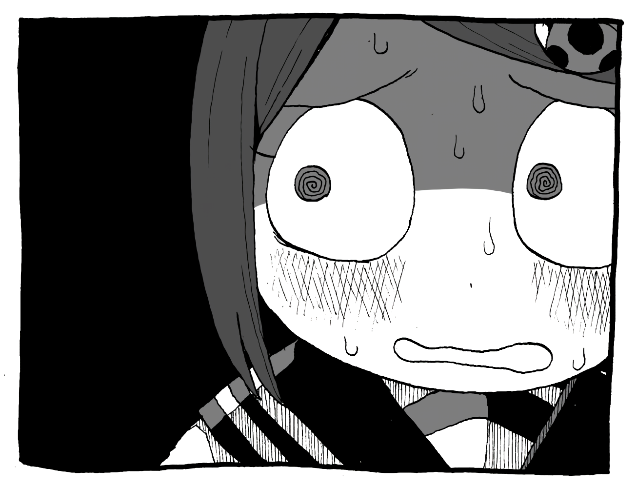 yoshino norihito, original, 1girl, @ @, blush, greyscale, monochrome, school uniform, serafuku, sweat