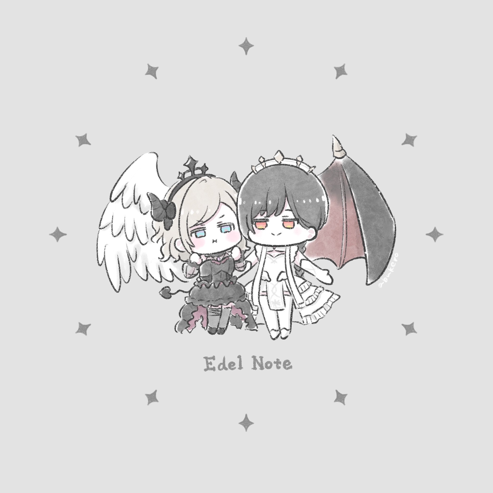 abukero, ceras yanagida lilienfeld, katsuragi izumi, link! like! love live!, love live!, commentary, highres, 2girls, :i, angel, angel and devil, angel wings, bat wings, black dress, black hair, black thighhighs, blue eyes, braid, braided ponytail, chibi, chibi only, cleavage cutout, clenched hands, clothing cutout, demon girl, demon horns, detached sleeves, dress, edel note, feathered wings, frilled dress, frills, full body, grey background, grey hair, henyoku no toribaga, horns, jitome, looking at another, multiple girls, official alternate costume, orange eyes, outstretched arms, pout, red wings, simple background, single wing, sleeveless, sleeveless dress, thighhighs, v-shaped eyebrows, virtual youtuber, white dress, white thighhighs, white wings, wings