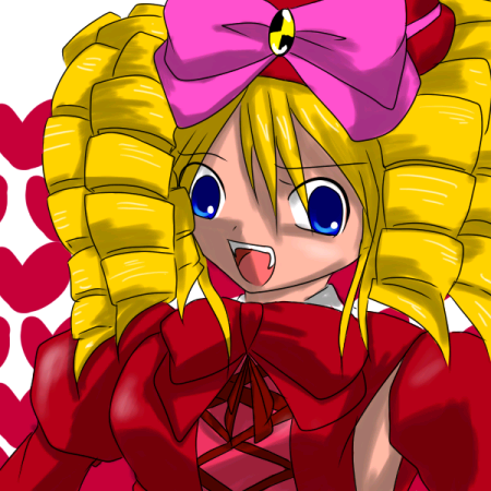 tokimasu misaki, gaap (umineko), umineko no naku koro ni, lowres, 00s, 1girl, blonde hair, blue eyes, bow, drill hair, fang, female focus, heart, solo