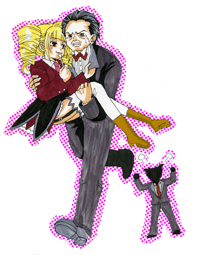 vienetta, beelzebub (umineko), goatman (umineko), gouda toshirou, stakes of purgatory, umineko no naku koro ni, fume, bad id, bad pixiv id, lowres, 00s, 1boy, 1girl, angry, arms up, blonde hair, boots, carrying, drill hair, faceless, faceless male, fleeing, fork, formal clothes, garter straps, mouth hold, necktie, pink necktie, polka dot, princess carry, running, simple background, suit, sweat, tears, thighhighs