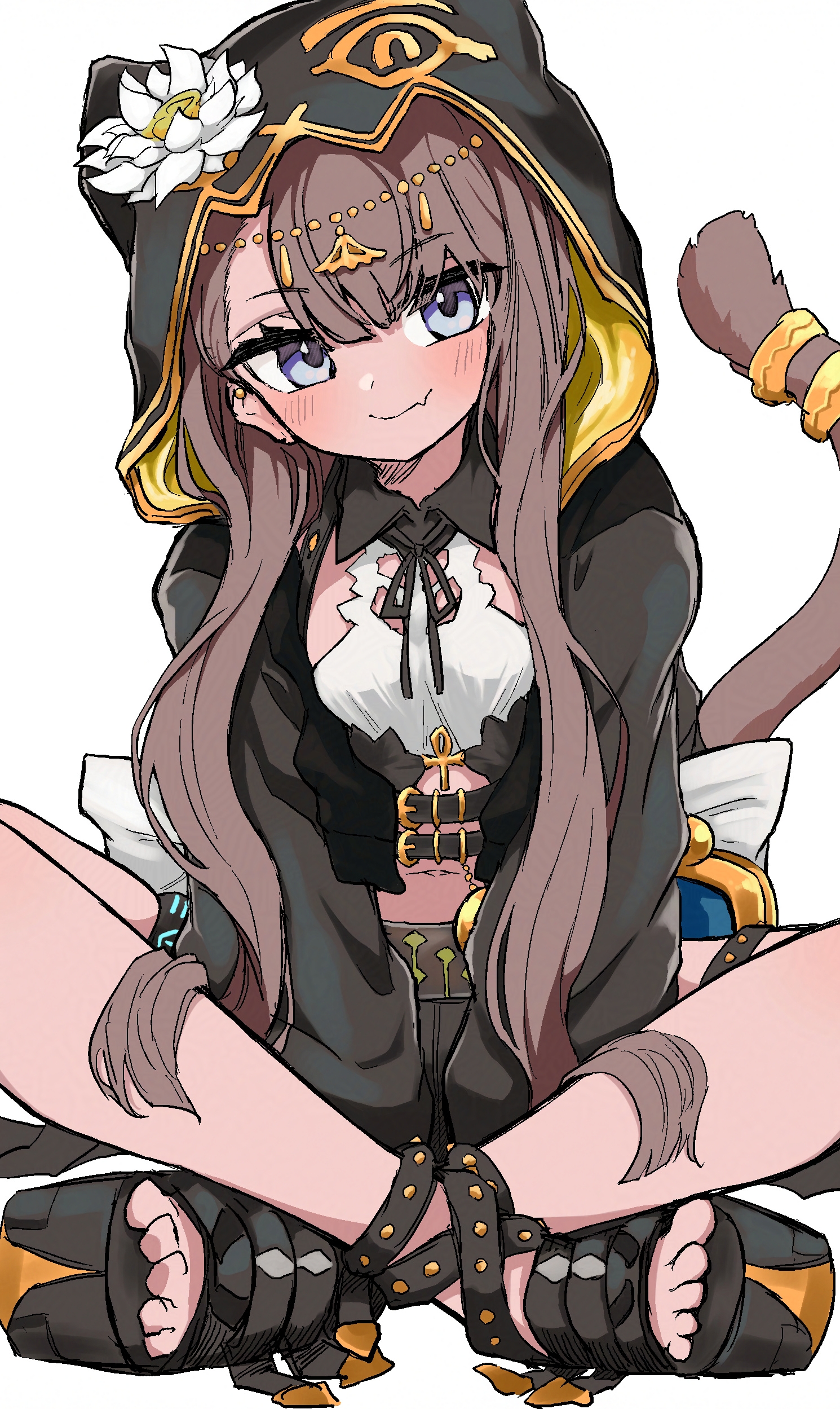 kamatama, infection monitor (arknights), pepe (arknights), arknights, absurdres, commentary, highres, 1girl, ankh, black ribbon, black sandals, blue eyes, blush, brown hair, brown tail, closed mouth, ear piercing, fang, flower, full body, gold, head chain, hood, hood up, indian style, jewelry, long hair, long sleeves, looking at viewer, neck ribbon, piercing, platform sandals, ribbon, sandals, simple background, sitting, skin fang, smile, solo, tail, tail ornament, tail raised, tail ring, white background, white flower