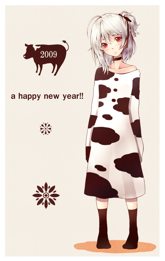 tokunou shoutarou, silver hair, 00s, 1girl, 2009, ahoge, animal print, choker, cow print, dress, female focus, hair ribbon, happy new year, new year, red eyes, ribbon, socks, solo, standing