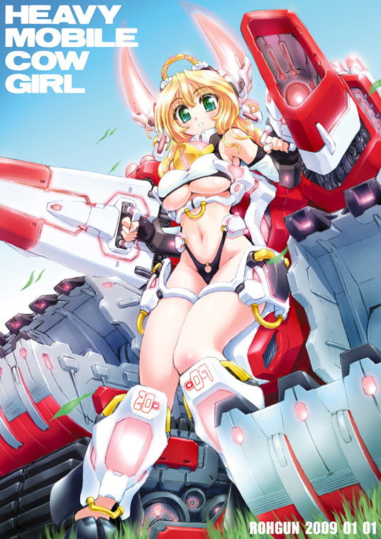 rohgun, 00s, 1girl, 2009, black panties, blonde hair, blush, breasts, detached sleeves, female focus, fingerless gloves, gloves, green eyes, highleg, highleg panties, horns, large breasts, mecha musume, midriff, navel, new year, panties, revealing clothes, solo, underboob, underwear