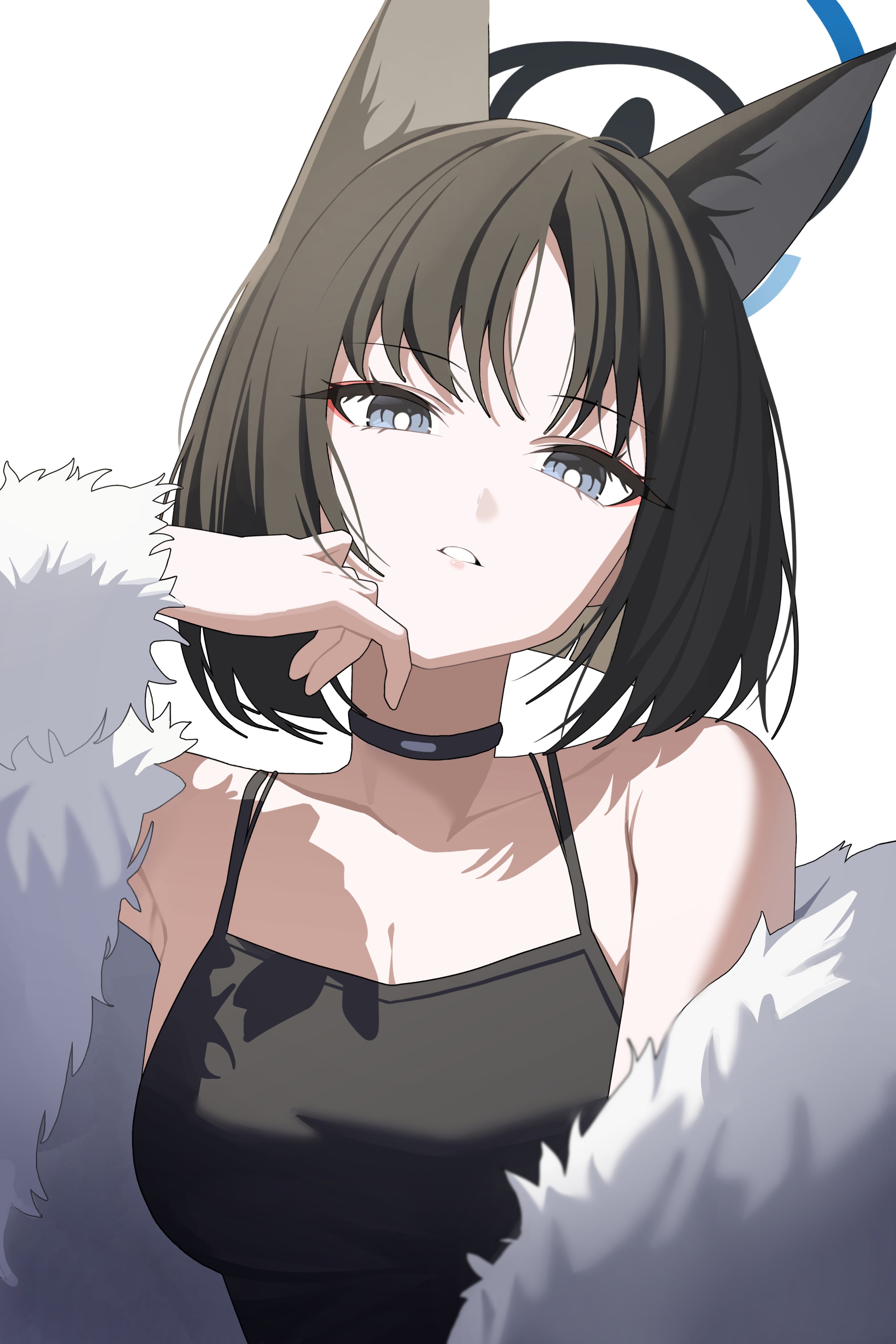winterflower, kikyou (blue archive), blue archive, absurdres, highres, 1girl, alternate costume, animal ears, black camisole, black eyes, blue halo, camisole, cat ears, cat girl, colored inner animal ears, fur trim, halo, solo, upper body