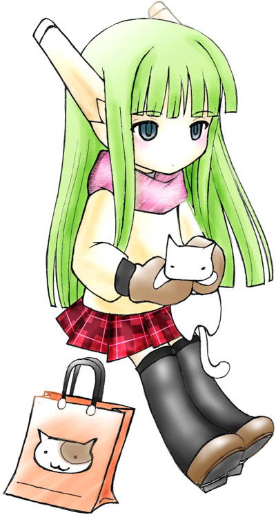 karakuri chachamaru, mahou sensei negima!, 00s, 1girl, cat, chibi, female focus, green hair, long hair, robot ears, solo, thighhighs