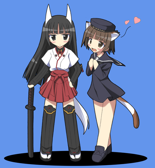anabuki tomoko, sakomizu haruka, strike witches, strike witches: suomus misfits squadron, world witches series, 00s, 2girls, adapted uniform, animal ears, black hair, blush, chibi, dress, hakama, hakama skirt, hat, heart, japanese clothes, long hair, miko, multiple girls, red hakama, sailor dress, short hair, skirt, sword, tail, weapon