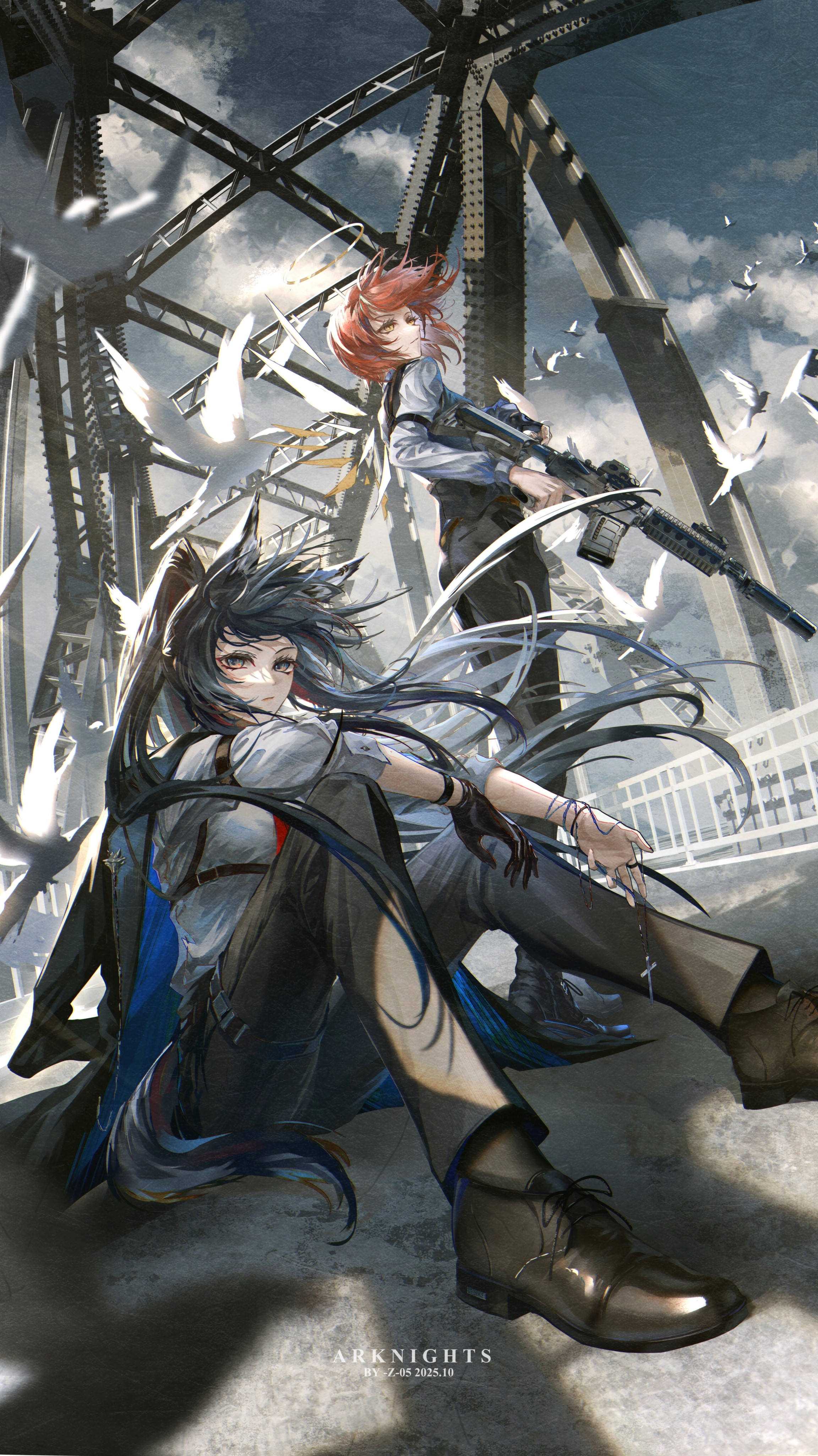 z 05, exusiai (arknights), texas (arknights), arknights, absurdres, chinese commentary, commentary request, costume request, highres, 2girls, animal ears, artist name, assault rifle, bird, black gloves, black hair, black jacket, black pants, black shoes, black vest, blue eyes, bridge, closed mouth, cloud, cloudy sky, copyright name, cross, cross necklace, dated, detached wings, dove, dress shirt, energy wings, floating hair, formal clothes, from below, full body, gloves, grey eyes, gun, halo, holding, holding gun, holding jewelry, holding necklace, holding weapon, jacket, jacket on shoulders, jewelry, long hair, long sleeves, looking afar, looking at viewer, multiple girls, necklace, on ground, outdoors, overcast, pants, parted lips, ponytail, railing, red hair, rifle, shadow, shirt, shoes, single glove, sitting, sky, standing, strap, suit pants, suppressor, tail, thigh strap, traditional halo, trigger discipline, unworn jewelry, unworn necklace, vest, weapon, white shirt, wind, wings, wolf ears, wolf girl, wolf tail, yellow eyes