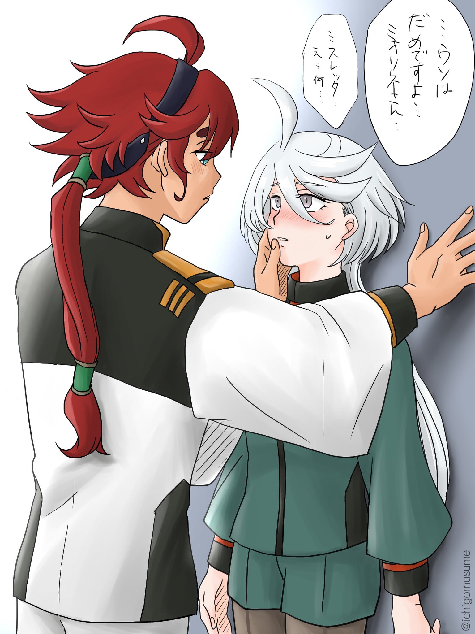 ichigomusume604, miorine rembran, suletta mercury, gundam, gundam suisei no majo, commentary request, highres, translation request, 2girls, ahoge, asticassia school uniform, black hairband, blue eyes, blush, green jacket, green shorts, grey eyes, hairband, hand on another's face, jacket, kabedon, long hair, looking at another, multiple girls, parted lips, red hair, school uniform, shorts, speech bubble, thick eyebrows, white hair, white jacket, yuri