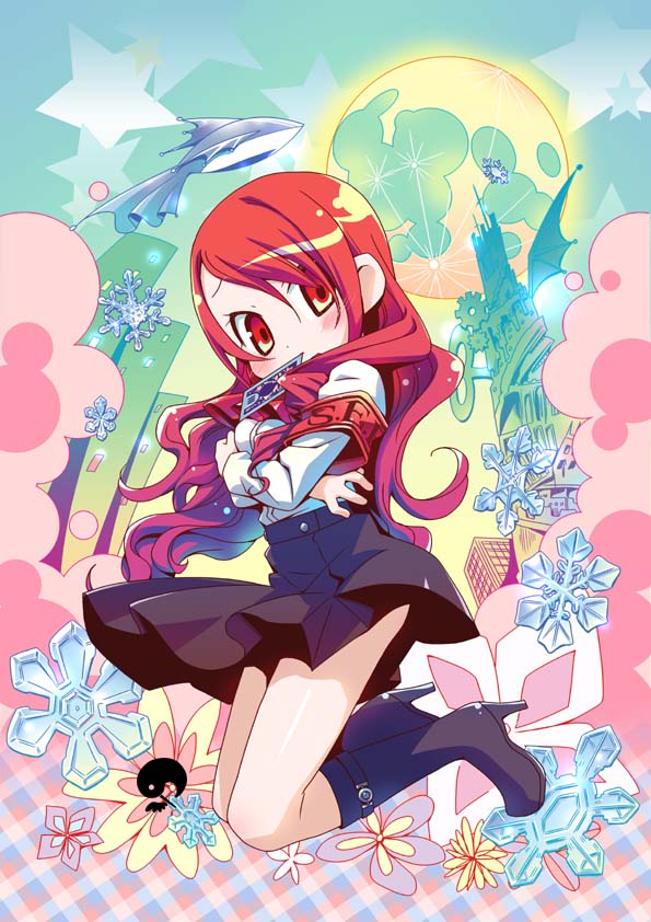 amimi, kirijou mitsuru, atlus, persona, persona 3, 1girl, armlet, black skirt, blush, female focus, full body, hair ornament, hairpin, high heels, jewelry, kneeling, long sleeves, looking at viewer, looking back, pleated skirt, red eyes, red hair, skirt, solo, tareme