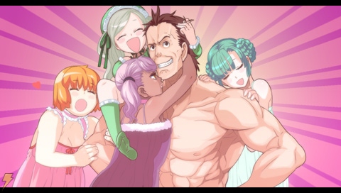 fuwa daisuke, aisha (infiniteloop), bruce willis, celestia (infiniteloop), james (infiniteloop), mary (infiniteloop), vanessa (infiniteloop), infinite loop ~kojou ga miseta yume~, green legwear, game cg, hairstyle request, lowres, 1boy, 4girls, bare arms, bare shoulders, blush, breasts, brown hair, cleavage, closed eyes, dark-skinned female, dark skin, feet, girl sandwich, green hair, grin, harem, medium breasts, multiple girls, muscular, muscular male, no shoes, pimp, purple hair, sandwiched, short hair, small breasts, smile, socks, swept bangs, twintails