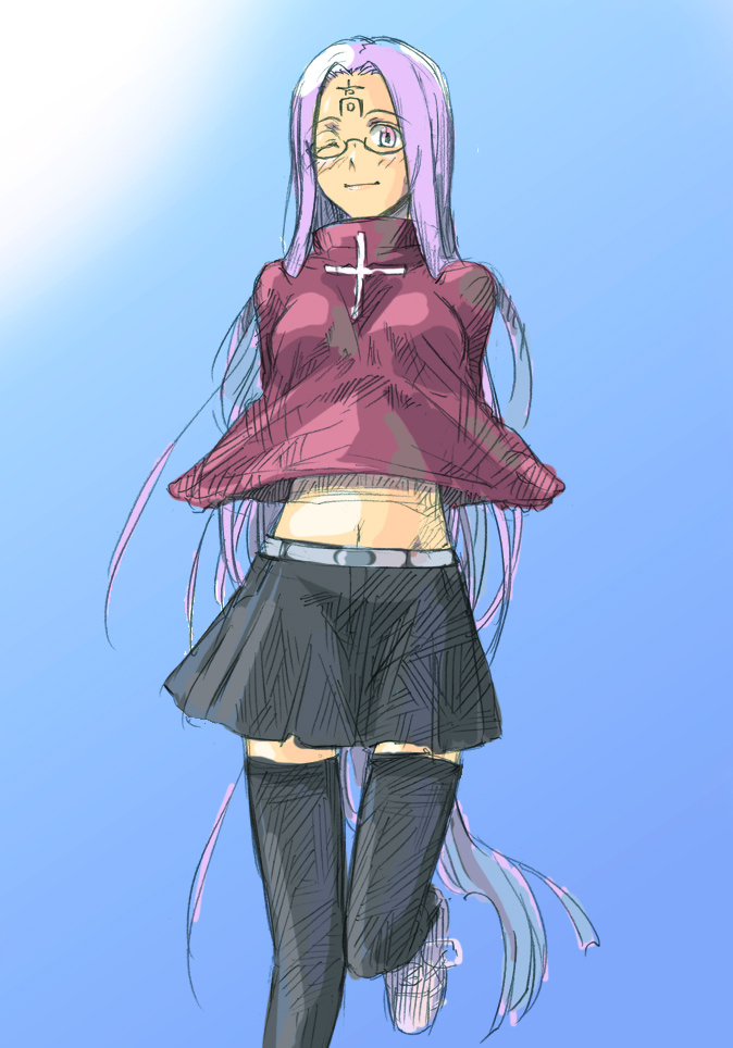 medusa (fate), medusa (rider) (fate), tohsaka rin, fate/stay night, fate (series), translated, 1girl, black thighhighs, cosplay, female focus, glasses, long hair, midriff, one eye closed, sketch, skirt, solo, square pupils, thighhighs, tohsaka rin (cosplay), very long hair, wink, zettai ryouiki