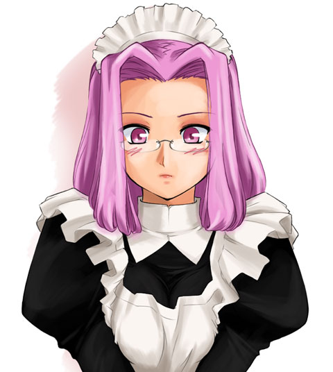 medusa (fate), medusa (rider) (fate), fate/stay night, fate (series), 00s, blush, glasses, hair intakes, maid, purple eyes, purple hair, simple background, solo, square pupils, straight-on, white background