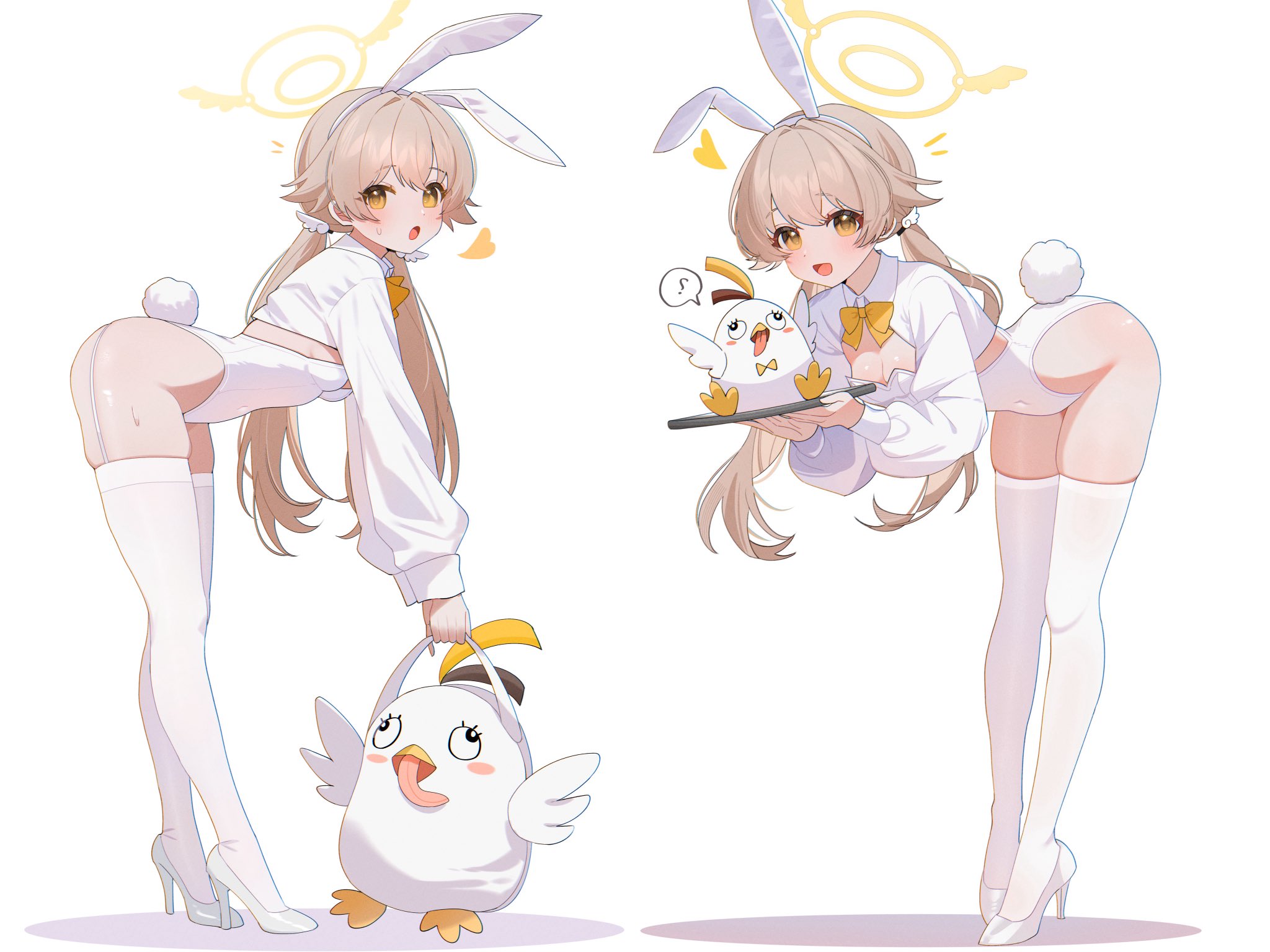 shusuchii, hifumi (blue archive), blue archive, commentary, highres, symbol-only commentary, 1girl, animal ears, blue eyes, bow, breasts, brown hair, cleavage, collared shirt, covered navel, fake animal ears, fake tail, from side, full body, hair between eyes, halo, hand on own hip, heart, high heels, hip focus, holding, holding tray, hunched over, knees, leaning, leaning forward, long hair, long sleeves, looking at viewer, low twintails, open mouth, playboy bunny, rabbit ears, rabbit tail, shadow, shirt, shrug (clothing), skindentation, small breasts, solo, standing, stuffed animal, stuffed toy, sweatdrop, tail, thighhighs, tongue, tongue out, tray, twintails, white thighhighs, wrist cuffs, yellow bow, yellow eyes