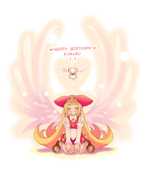 tsuyuka (sunny spot), ledgem (marl kingdom), princess kururu, little princess, marl kingdom, nippon ichi, puppet princess (marl kingdom), rhapsody, 1girl, blonde hair, character name, closed eyes, female focus, flipped hair, happy birthday, hat, long hair, shoes, smile, solo, wings