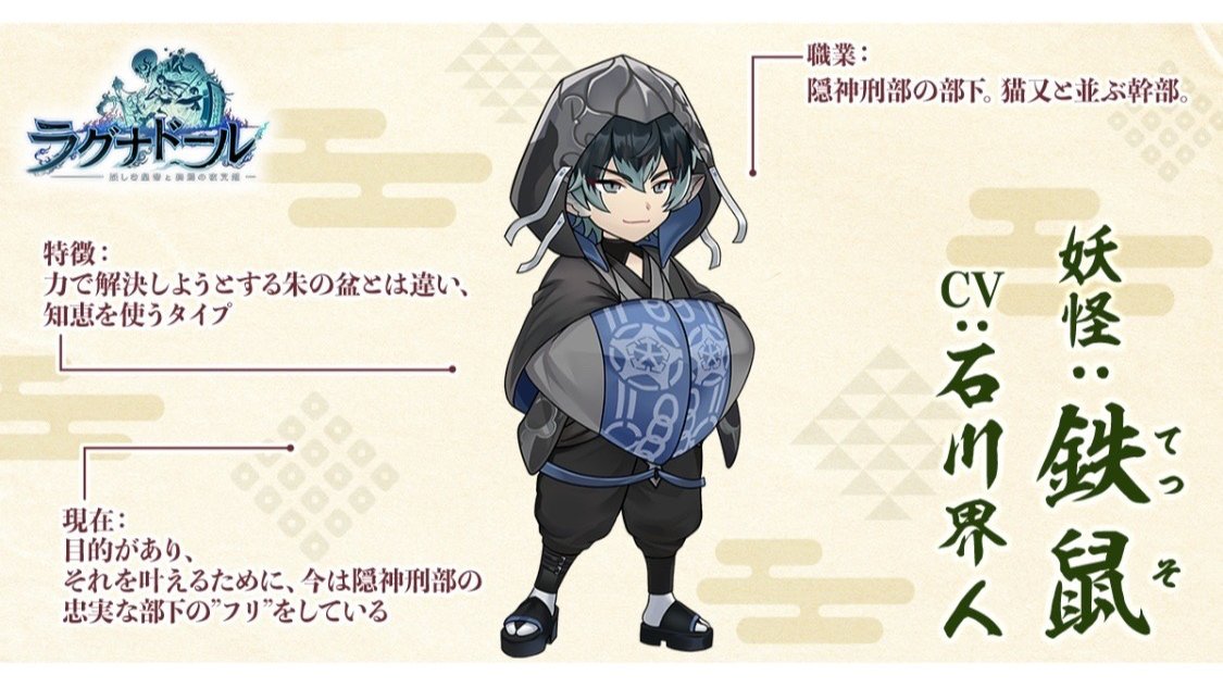 ragnador, commentary request, official art, second-party source, 1boy, black hair, character name, chibi, closed mouth, company name, copyright logo, copyright name, full body, gradient hair, grey hair, hood, hood up, logo, male focus, multicolored hair, reference sheet, solo, standing, tesso (ragnador), wide sleeves