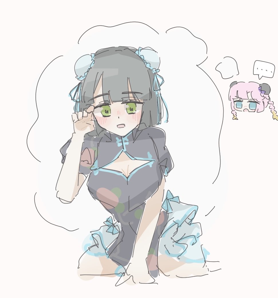 anyoji hime, momose ginko, link! like! love live!, love live!, …, 2girls, :d, black dress, black hair, blue eyes, blue skirt, blush, braid, breasts, bun cover, chibi, chibi inset, cleavage, cleavage cutout, clothing cutout, double bun, dress, frilled skirt, frills, green eyes, hair bun, hasu no sora pop up shop china collection, looking at another, looking at viewer, mihasu ll, multiple girls, official alternate costume, open mouth, puffy short sleeves, puffy sleeves, short sleeves, simple background, skirt, smile, solo focus, speech bubble, spoken ellipsis, twin braids, virtual youtuber, white background