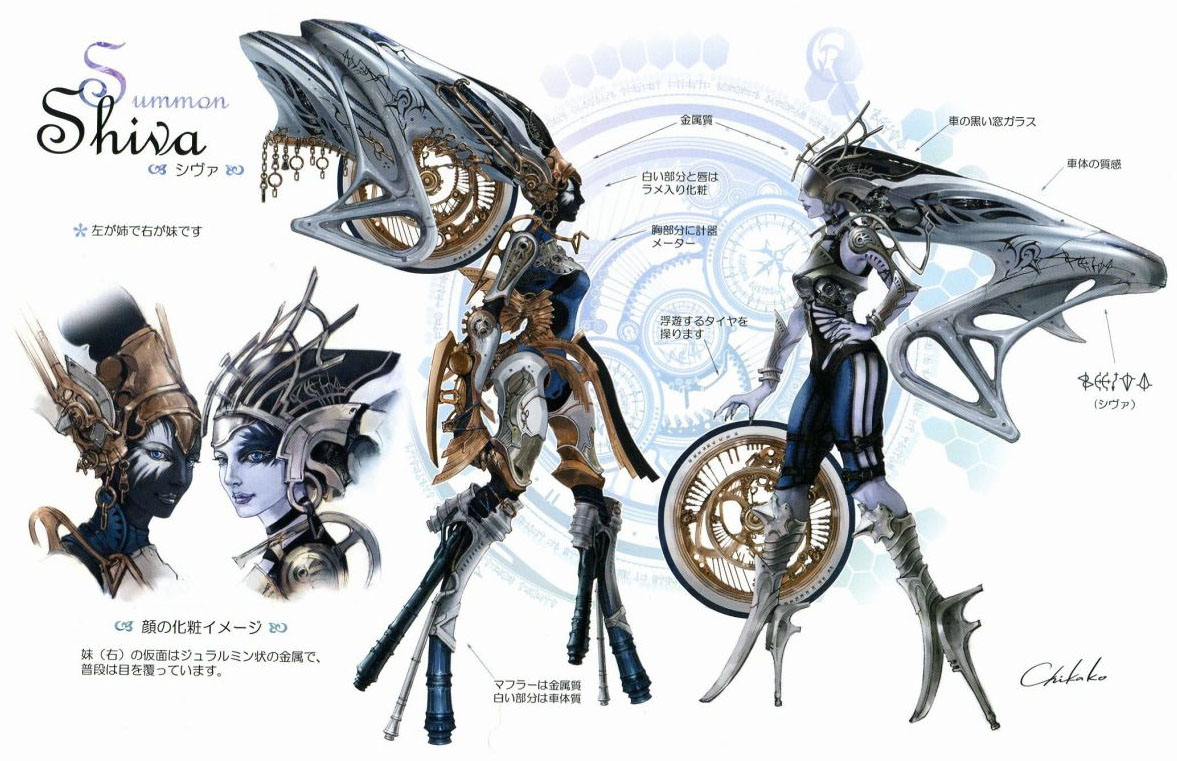 chikako (artist), nix, shiva (final fantasy), stiria, final fantasy, final fantasy xiii, concept art, official art, translated, 10s, 2girls, armor, black skin, blue eyes, blue skin, colored skin, dark-skinned female, dark skin, hand on own hip, headdress, high heels, hip focus, lips, mecha musume, multiple girls, profile, shoes, siblings, sisters, wheel