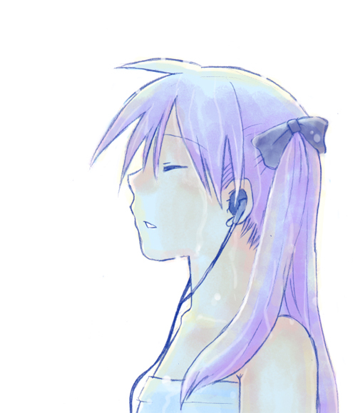 kusaka yoru, hiiragi kagami, lucky star, 00s, closed eyes, collarbone, earbuds, earphones, hair ribbon, headphones, profile, purple hair, ribbon, simple background, solo, twintails