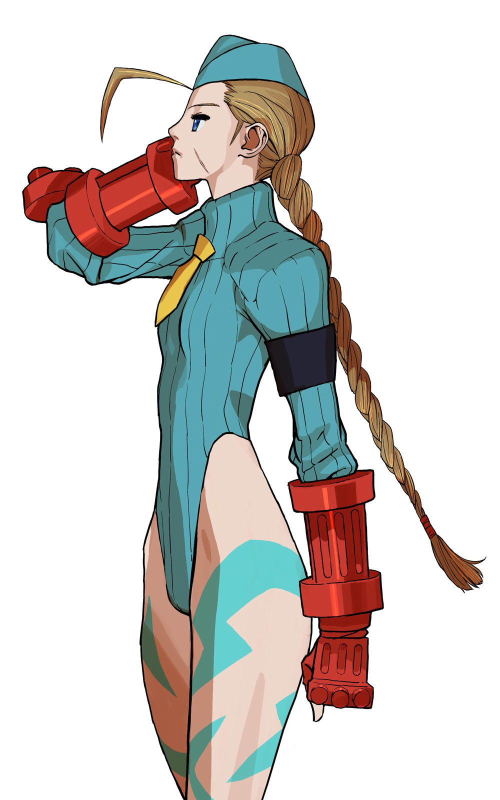 bengus, cammy white, capcom, street fighter, street fighter zero (series), highres, official art, 1990s (style), 1girl, ahoge, armband, blonde hair, blue eyes, blue leotard, bodypaint, braid, braided ponytail, brown hair, camouflage, female focus, fingerless gloves, flat chest, garrison cap, gloves, hat, highleg, highleg leotard, huge ahoge, leotard, long hair, necktie, profile, retro artstyle, scar, simple background, single braid, sleeved leotard, solo, standing, turtleneck, very long hair