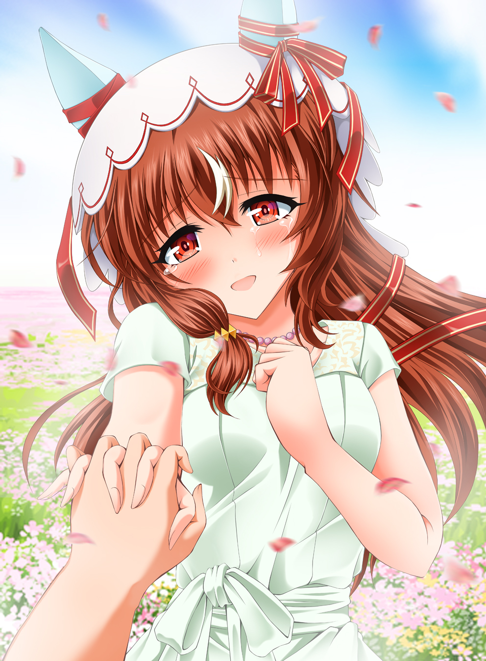 kijinm, still in love (umamusume), umamusume, commentary request, highres, 1girl, animal ears, blurry, blurry background, blush, breasts, collarbone, crying, crying with eyes open, dress, field, flower, flower field, holding hands, horse ears, horse girl, jewelry, looking at viewer, necklace, petals, portrait, pov, pov hands, red eyes, sky, small breasts, solo, tears, veil