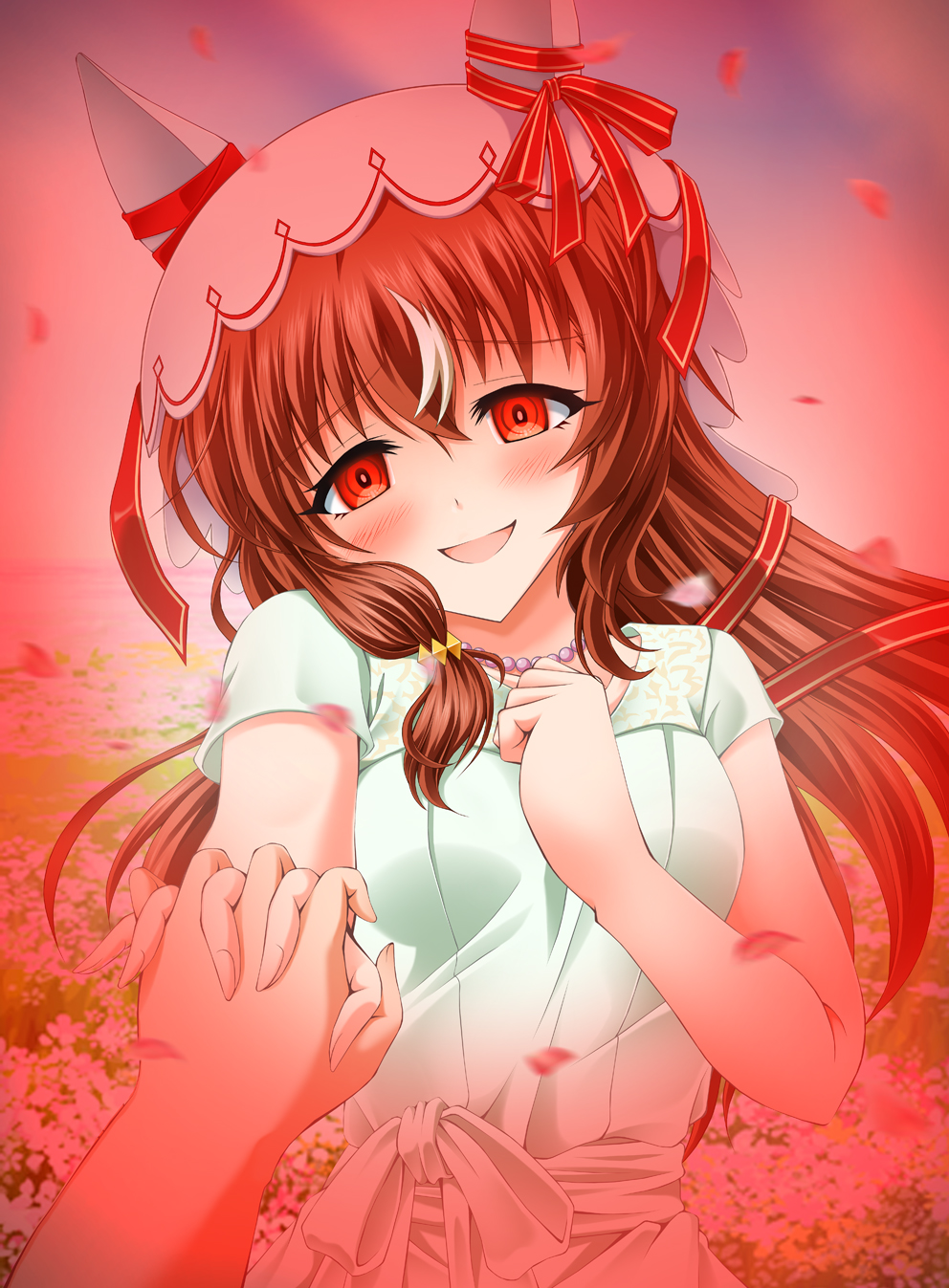kijinm, still in love (umamusume), umamusume, commentary request, highres, 1girl, animal ears, blurry, blurry background, blush, breasts, collarbone, crazy eyes, dress, field, flower, flower field, holding hands, horse ears, horse girl, jewelry, looking at viewer, necklace, petals, portrait, pov, pov hands, red eyes, sky, small breasts, solo, veil, yandere