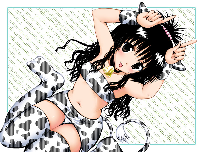 yuki tomoshi, yuuki mikan, to love-ru, 00s, 1girl, :p, animal ears, animal print, bandeau bikini, bell, black hair, cow ears, cow girl, cow print, cow tail, female focus, hairband, long hair, midriff, navel, panties, sitting, solo, tail, thighhighs, tongue, tongue out, underwear