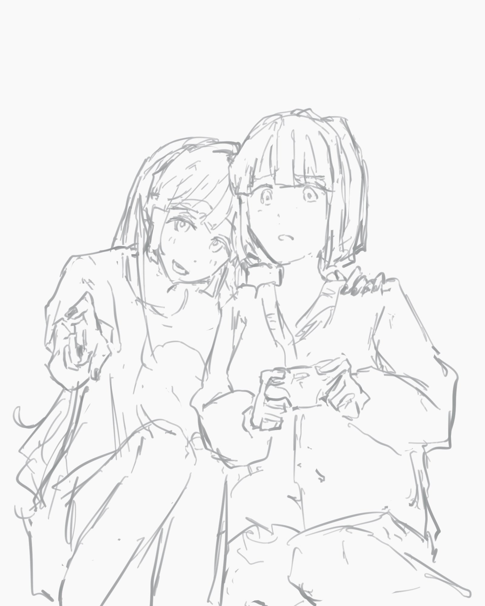 yam5565, anyoji hime, anyoji hime (summer loungewear), momose ginko, momose ginko (summer loungewear), link! like! love live!, love live!, highres, 2girls, blunt bangs, blunt ends, bob cut, controller, feet out of frame, game controller, greyscale, hand on another's shoulder, holding, holding controller, holding game controller, long hair, long sleeves, monochrome, multiple girls, official alternate costume, playing games, pointing, shirt, short hair, short sleeves, sidelocks, simple background, sitting, sketch, t-shirt, virtual youtuber, white background