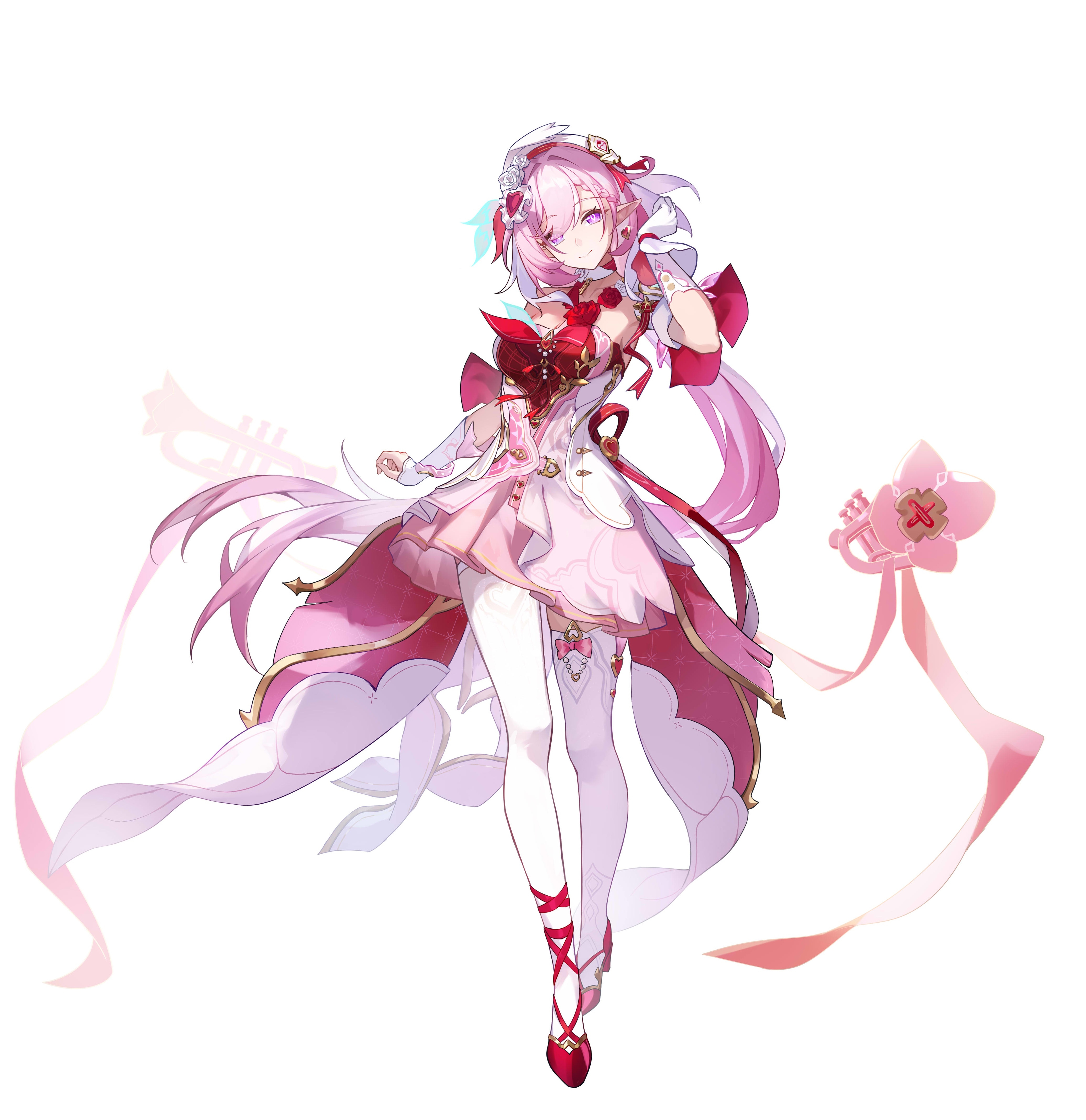 huangyou ban rousong, elysia (hi love elf) (honkai impact), elysia (honkai impact), honkai (series), honkai impact 3rd, absurdres, chinese commentary, commentary, commentary request, highres, 1girl, bare shoulders, breasts, closed mouth, dress, earrings, full body, gloves, hair ornament, hand up, hat, heart, heart earrings, heart hair ornament, jewelry, large breasts, long hair, looking at viewer, pink dress, pink hair, pointy ears, purple eyes, red shoes, shoes, simple background, single glove, smile, solo, tachi-e, thighhighs, very long hair, white background, white gloves, white hat, white thighhighs