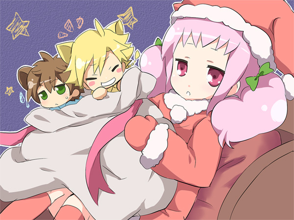 maruki (punchiki), anya alstreim, gino weinberg, kururugi suzaku, code geass, bad id, bad pixiv id, 00s, 1girl, 2boys, chibi, hat, long hair, multiple boys, pink eyes, pink hair, santa costume, santa hat