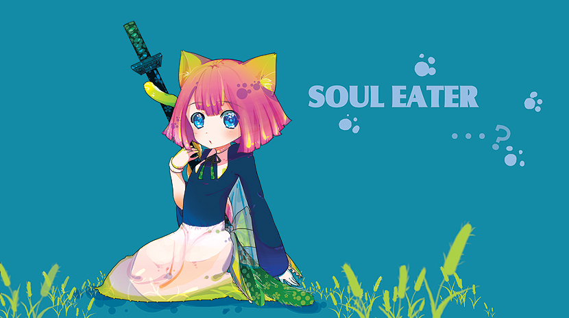 hagi (artist), angela leon, soul eater, bad id, bad pixiv id, 00s, animal ears, blue eyes, child, katana, kneeling, pink hair, short hair, solo, sword, tail, weapon