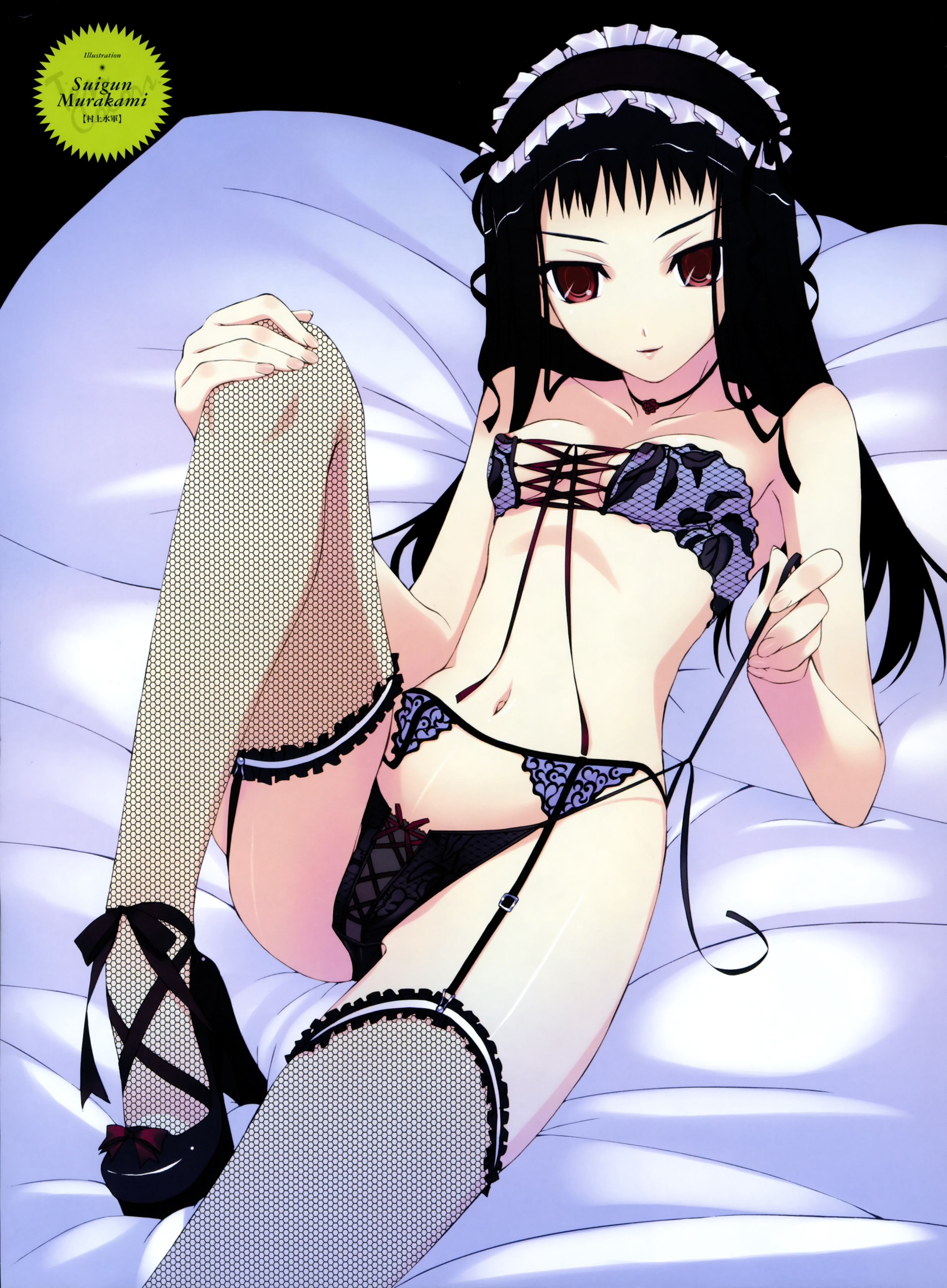 murakami suigun, fishnet legwear, garters, absurdres, highres, bed, black hair, fishnets, garter belt, gothic lolita, hairband, headband, lolita fashion, long hair, lying, midriff, panties, red eyes, ribbon, side-tie panties, thighhighs, underwear, undressing
