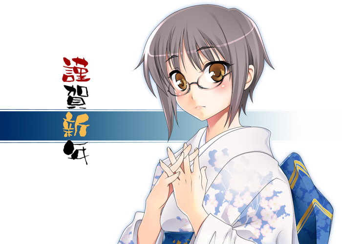 azu, nagato yuki, suzumiya haruhi no yuuutsu, bad id, 00s, 1girl, female focus, glasses, grey hair, japanese clothes, kimono, looking at viewer, new year, purple hair, simple background, solo, yellow eyes, yukata