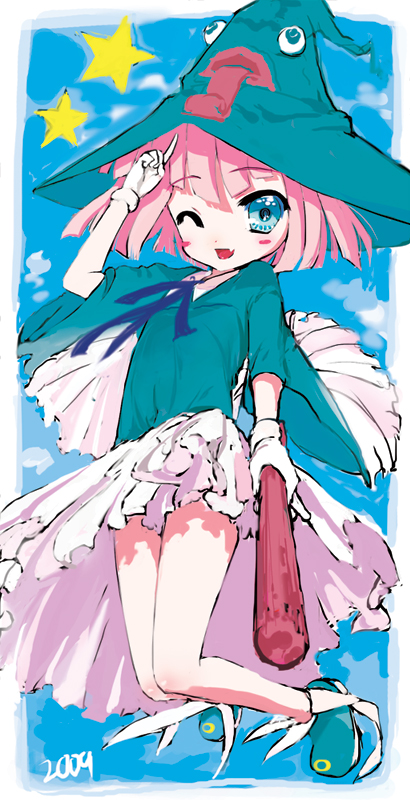 hagi (artist), angela leon, soul eater, bad id, bad pixiv id, 00s, blue eyes, blush, child, fang, hat, one eye closed, pink hair, solo, wink, witch hat