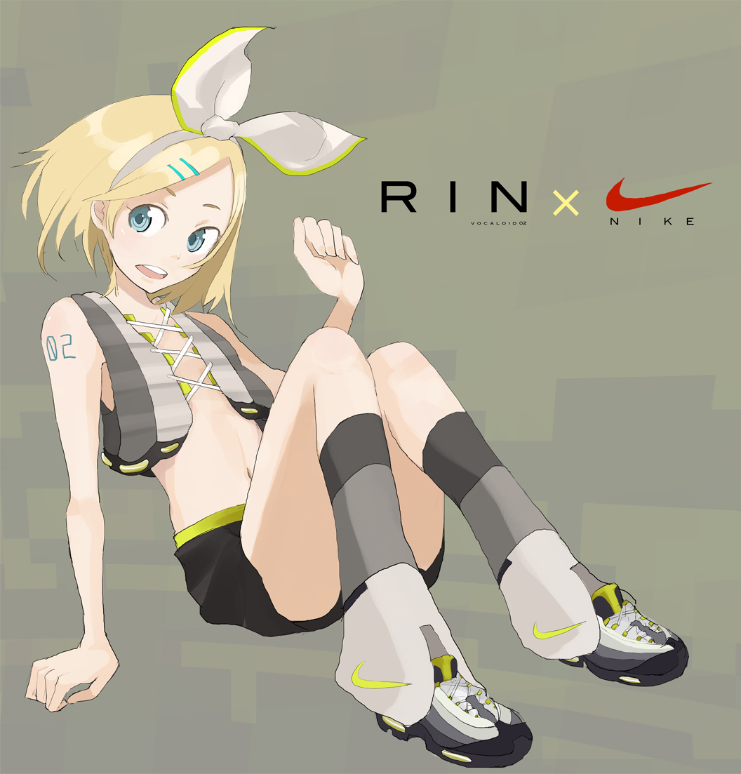 tansuke, kagamine rin, nike (company), vocaloid, bad id, bad pixiv id, air max 95, blonde hair, blue eyes, brown hair, flat chest, hair ornament, hair ribbon, hairclip, ribbon, short hair, vest