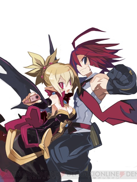 harada takehito, adell (disgaea), rozalin, disgaea, makai senki disgaea, makai senki disgaea 2, makai senki disgaea 3, nippon ichi, 00s, 1boy, 1girl, bat wings, black pants, blonde hair, bow, breasts, couple, demon girl, dress, hetero, necktie, pants, pointy ears, red eyes, red hair, short hair, smile, wings, yellow bow