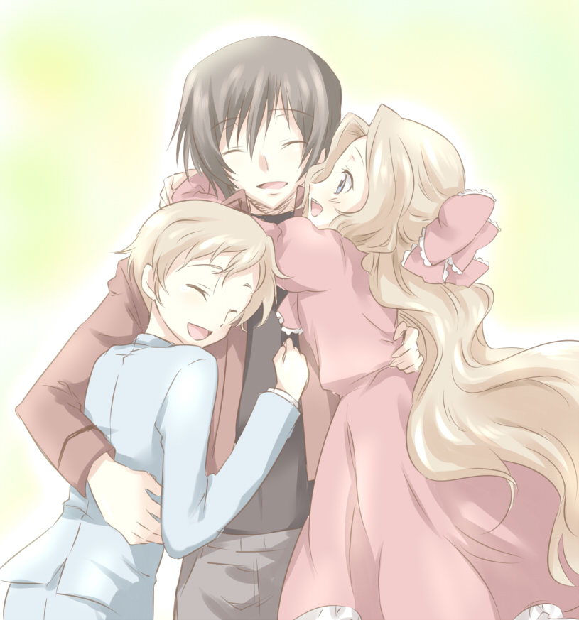 maruki (punchiki), lelouch vi britannia, nunnally vi britannia, rolo lamperouge, code geass, bad id, bad pixiv id, 00s, 1girl, 2boys, happy, hug, multiple boys