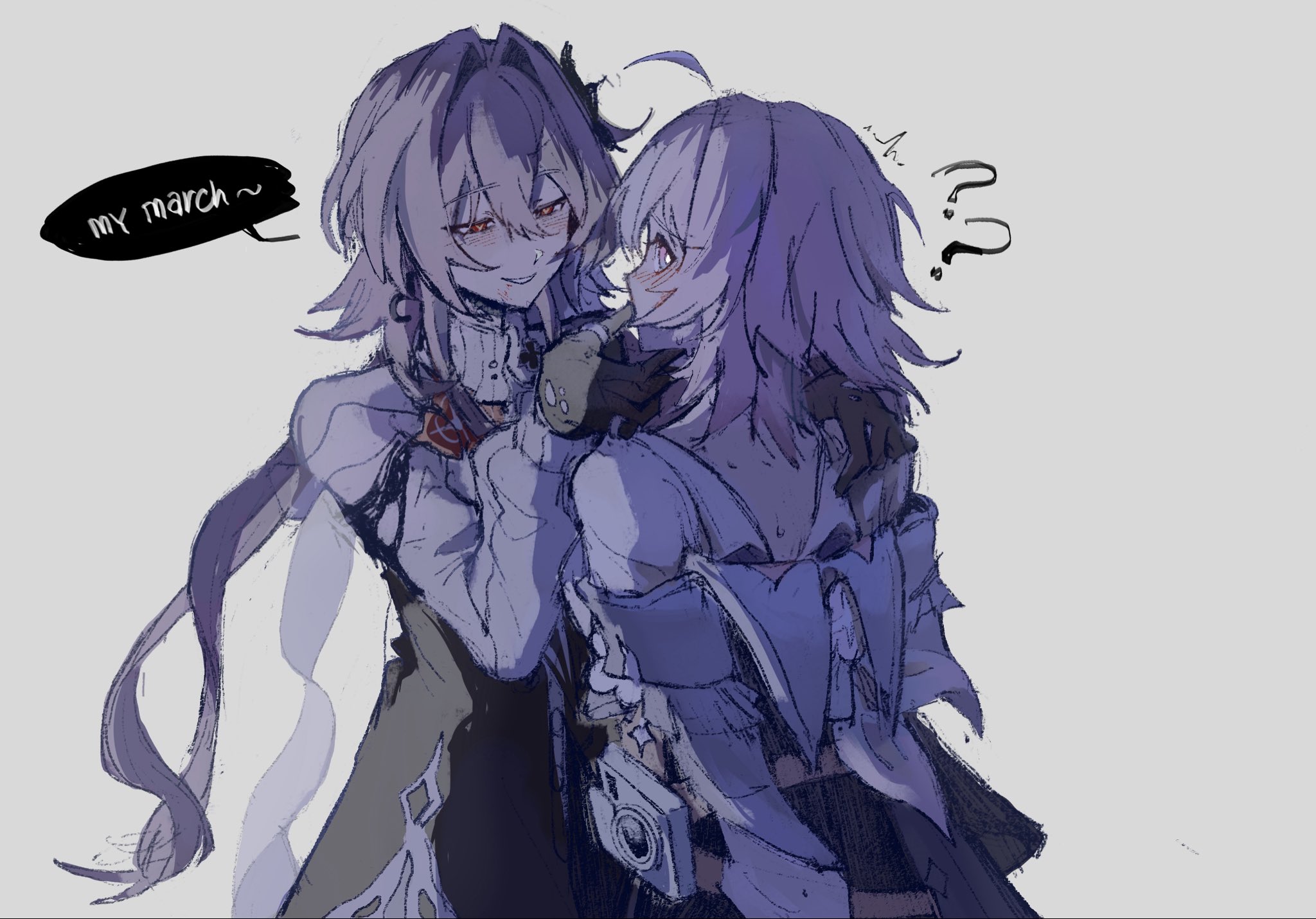 evernight (honkai: star rail), march 7th (honkai: star rail), honkai: star rail, honkai (series), commentary, hashtag-only commentary, highres, 2girls, ?, ??, black gloves, blush, collared shirt, earrings, english text, gloves, grey background, grey hair, hair intakes, hand on another's face, hand on another's shoulder, heart, heart-shaped pupils, jewelry, long hair, multiple girls, parted lips, pink hair, red eyes, rrkkw1, selfcest, shirt, simple background, smile, speech bubble, symbol-shaped pupils, upper body, white shirt, yuri