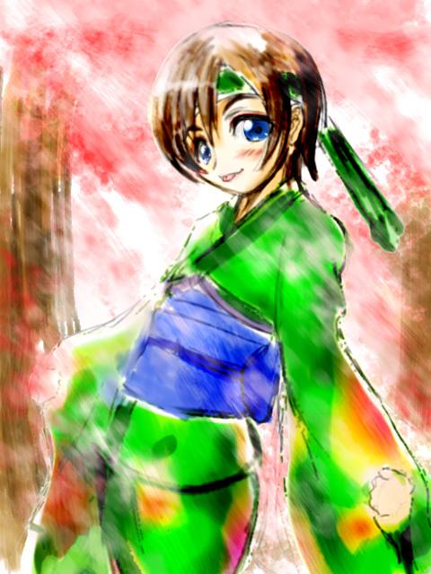 yuffie kisaragi, final fantasy, final fantasy vii, 1990s (style), 1girl, :p, blue eyes, blush, brown hair, female focus, headband, japanese clothes, kimono, long sleeves, nature, outdoors, short hair, solo, tongue, tongue out