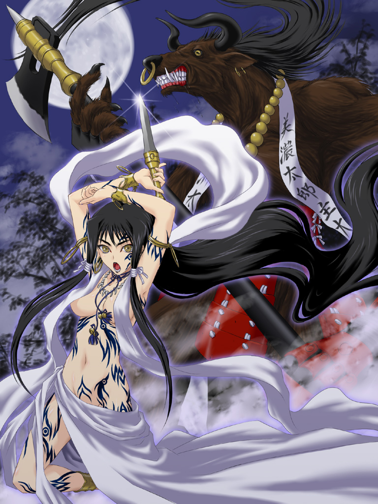 iga tomoteru, bad id, bad pixiv id, 1boy, 1girl, axe, black hair, breasts, cleavage, dagger, female focus, horns, knife, minotaur, monster, moon, new year, nude, solo, tattoo, teeth, weapon