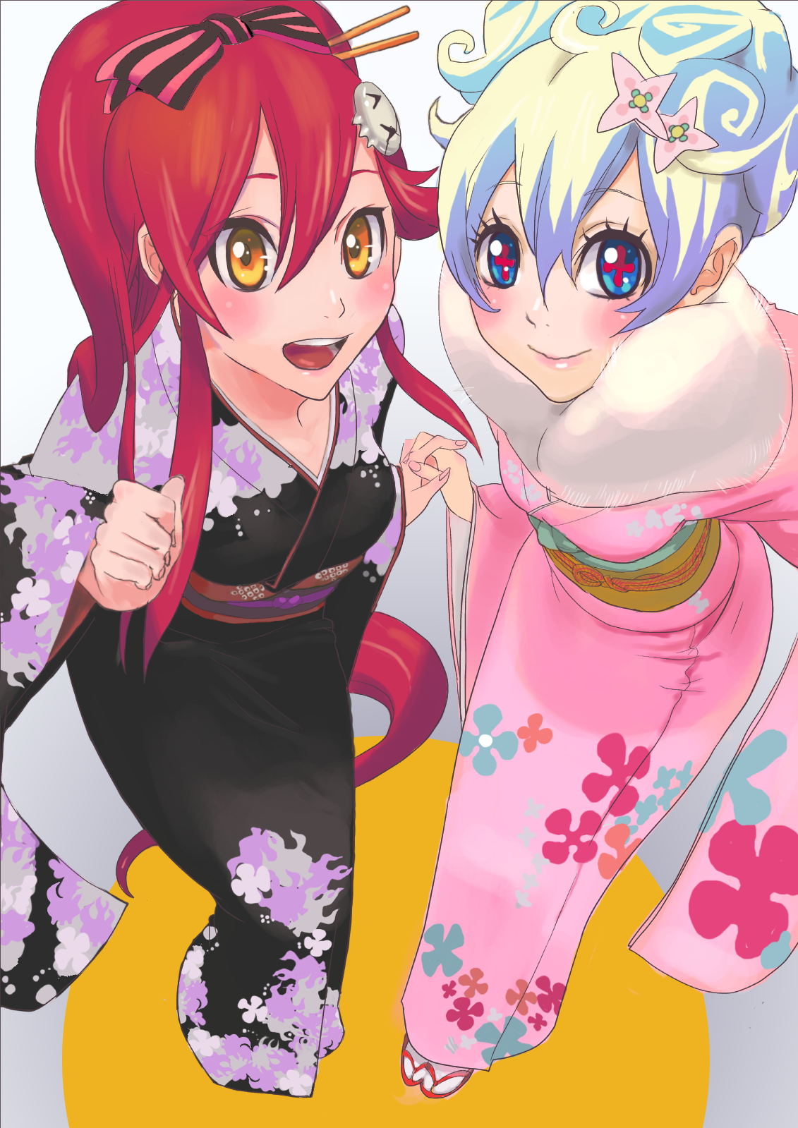 temoshi, nia teppelin, yoko littner, tengen toppa gurren lagann, highres, + +, 00s, 2009, 2girls, bow, cross-shaped pupils, flower, hair bow, hair bun, hair ornament, hairclip, hand grab, holding hands, japanese clothes, kimono, multicolored hair, multiple girls, new year, orange eyes, ponytail, red hair, single hair bun, smile, symbol-shaped pupils