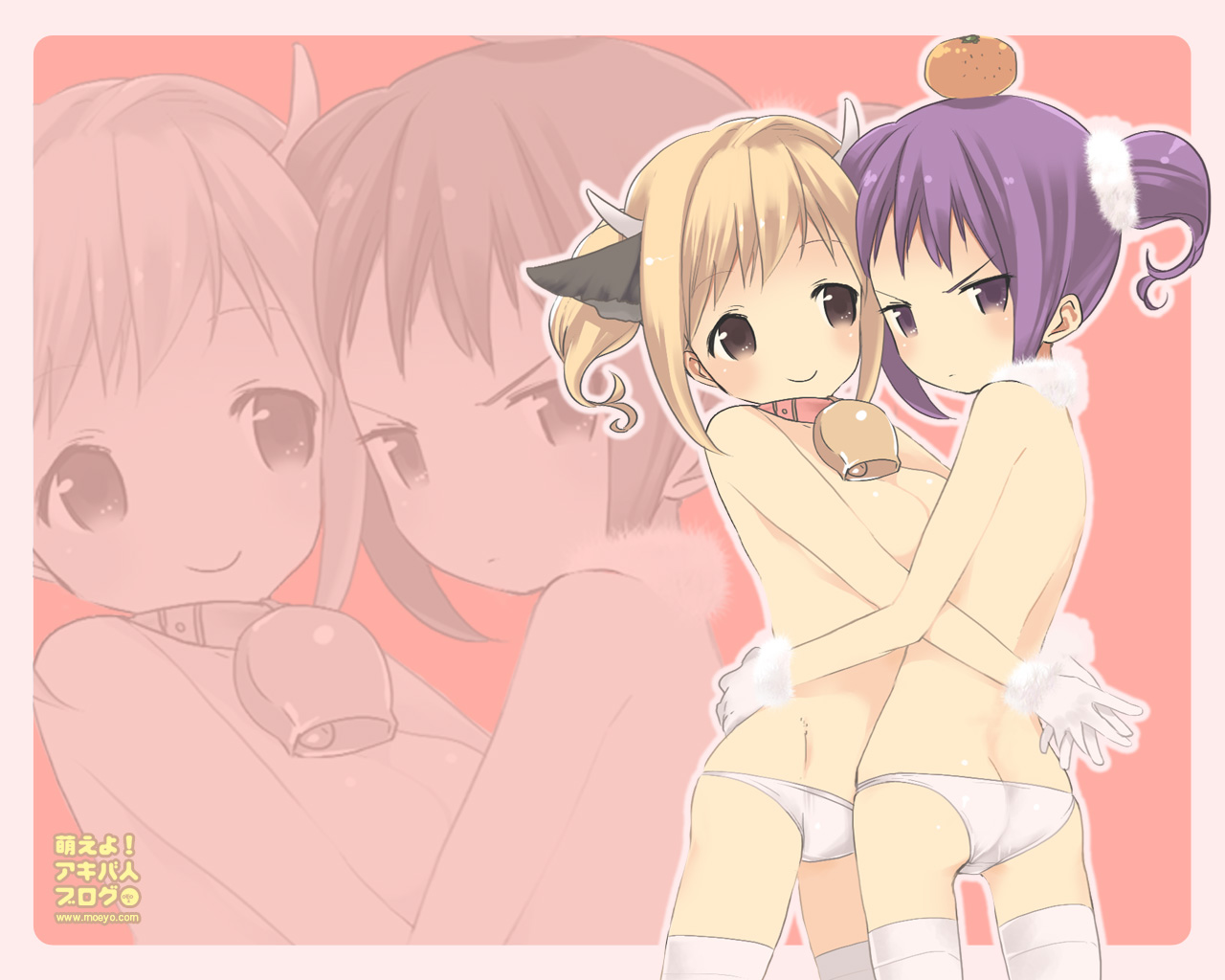 kuroda bb, fii-tan, ripe-tan, fii-tan the figure, white legwear, 2girls, bell, collar, gloves, horns, lowleg, multiple girls, neck bell, object on head, panties, short twintails, skindentation, thighhighs, topless female, twintails, underwear, underwear only, white panties, zoom layer