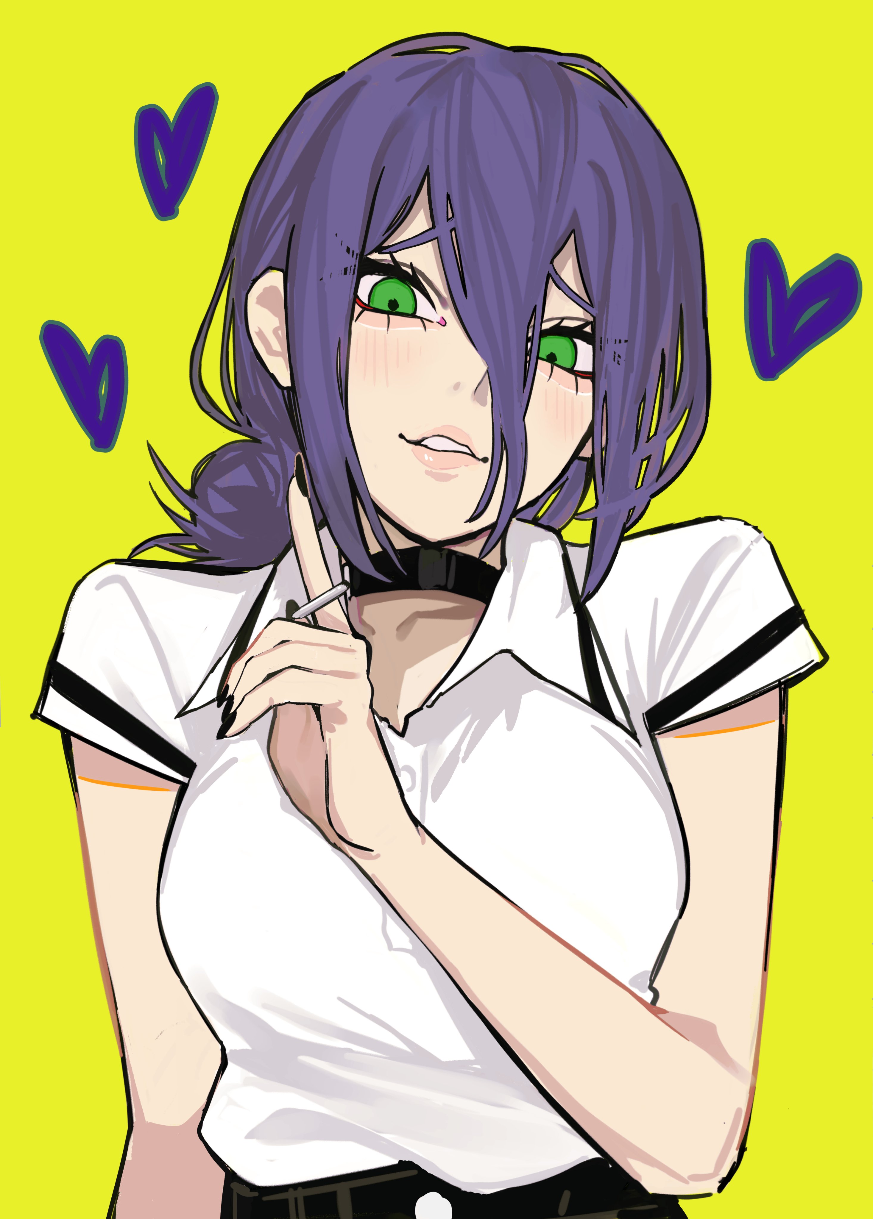 sailen0, reze (chainsaw man), chainsaw man, absurdres, commentary, english commentary, highres, 1girl, black choker, black nails, black skirt, blush, choker, green eyes, grenade pin, hair bun, looking at viewer, medium hair, purple hair, shirt, skirt, upper body, white shirt, yellow background