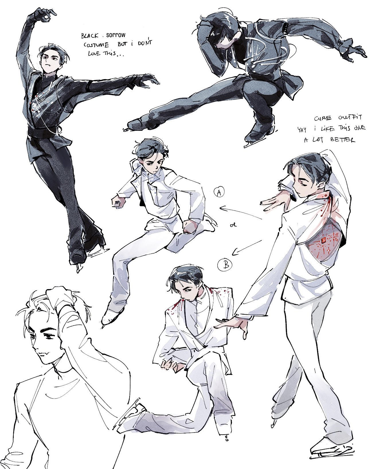 badhapple, ivan (alien stage), alien stage, commentary, english commentary, highres, 1boy, arrow (symbol), back cutout, black eyes, black hair, black pants, black shirt, clothing cutout, english text, fang, figure skating, ice skates, jacket, long sleeves, male focus, multiple views, pants, shirt, short hair, skates, song name, very short hair, white jacket, white pants, white shirt
