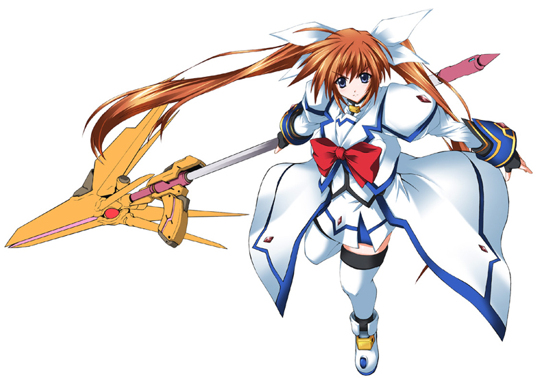 nanairo souga, souga nanairo, raising heart, raising heart (exceed mode), takamachi nanoha, takamachi nanoha (aggressor mode), lyrical nanoha, mahou shoujo lyrical nanoha, mahou shoujo lyrical nanoha strikers, 00s, 1girl, alternate weapon, angry, bow, brown hair, female focus, fingerless gloves, gloves, huge weapon, long hair, magazine (weapon), magical girl, purple eyes, red bow, red hair, skirt, solo, staff, thighhighs, twintails, waist cape, weapon, zettai ryouiki
