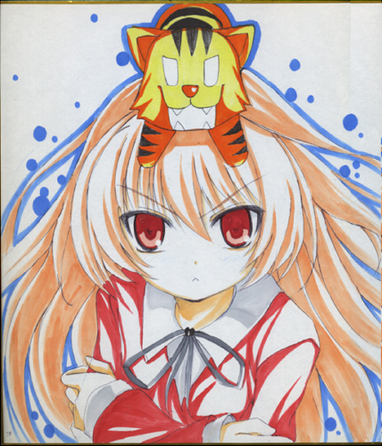 shino (eefy), aisaka taiga, palmtop tiger, toradora!, lowres, traditional media, 00s, 1girl, animal, animal on head, cat, cat on head, female focus, on head, shikishi, solo, tiger