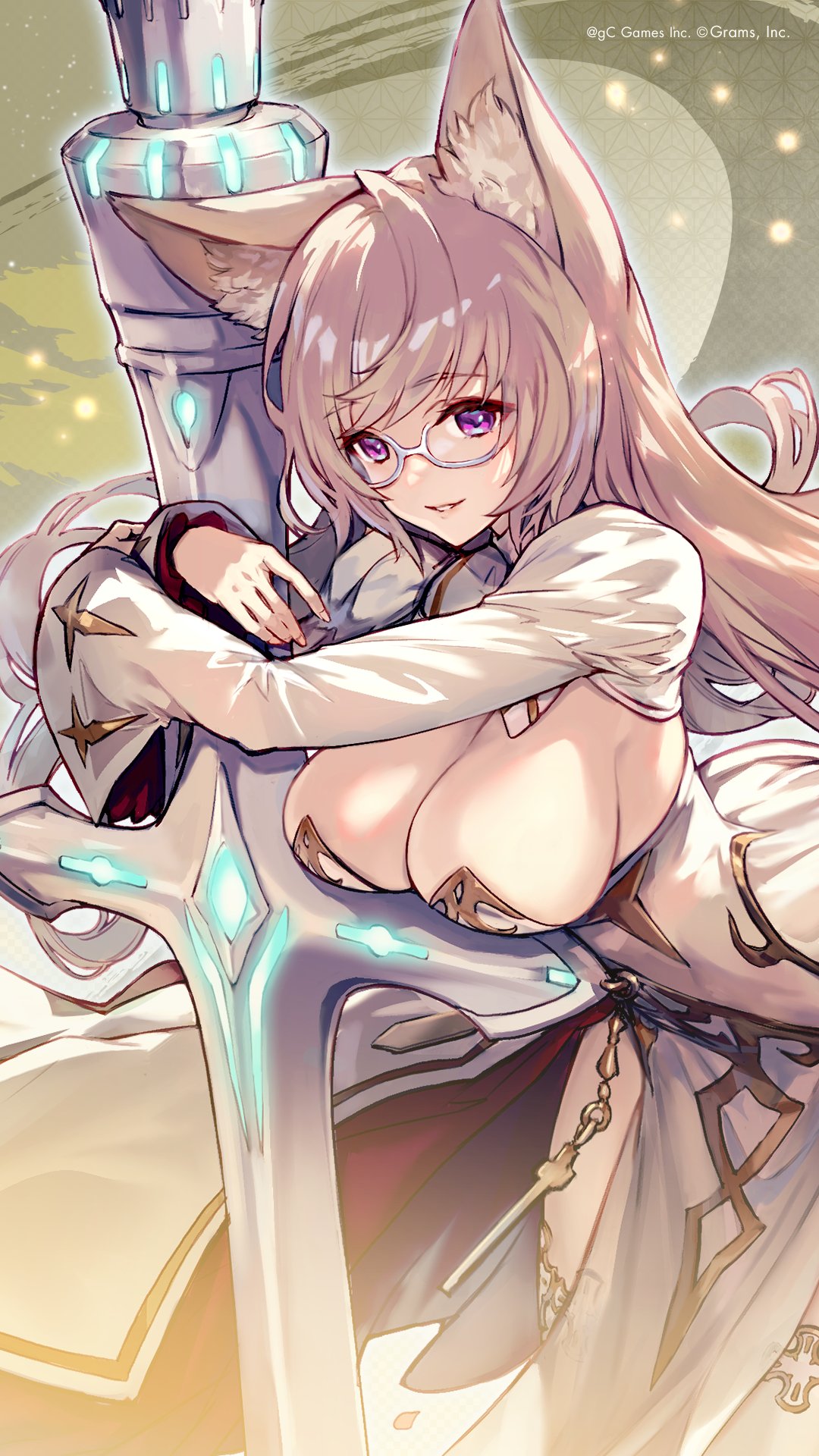 rinzo, asclepius (phantom of the kill), ragnador, commentary request, highres, official art, second-party source, 1girl, animal ear fluff, animal ears, breasts, breasts on cross, brown hair, cleavage, company name, cosplay, cross, fox ears, glasses, grey-framed eyewear, large breasts, long hair, looking at viewer, purple eyes, solo, tenko (ragnador), tenko (ragnador) (cosplay)