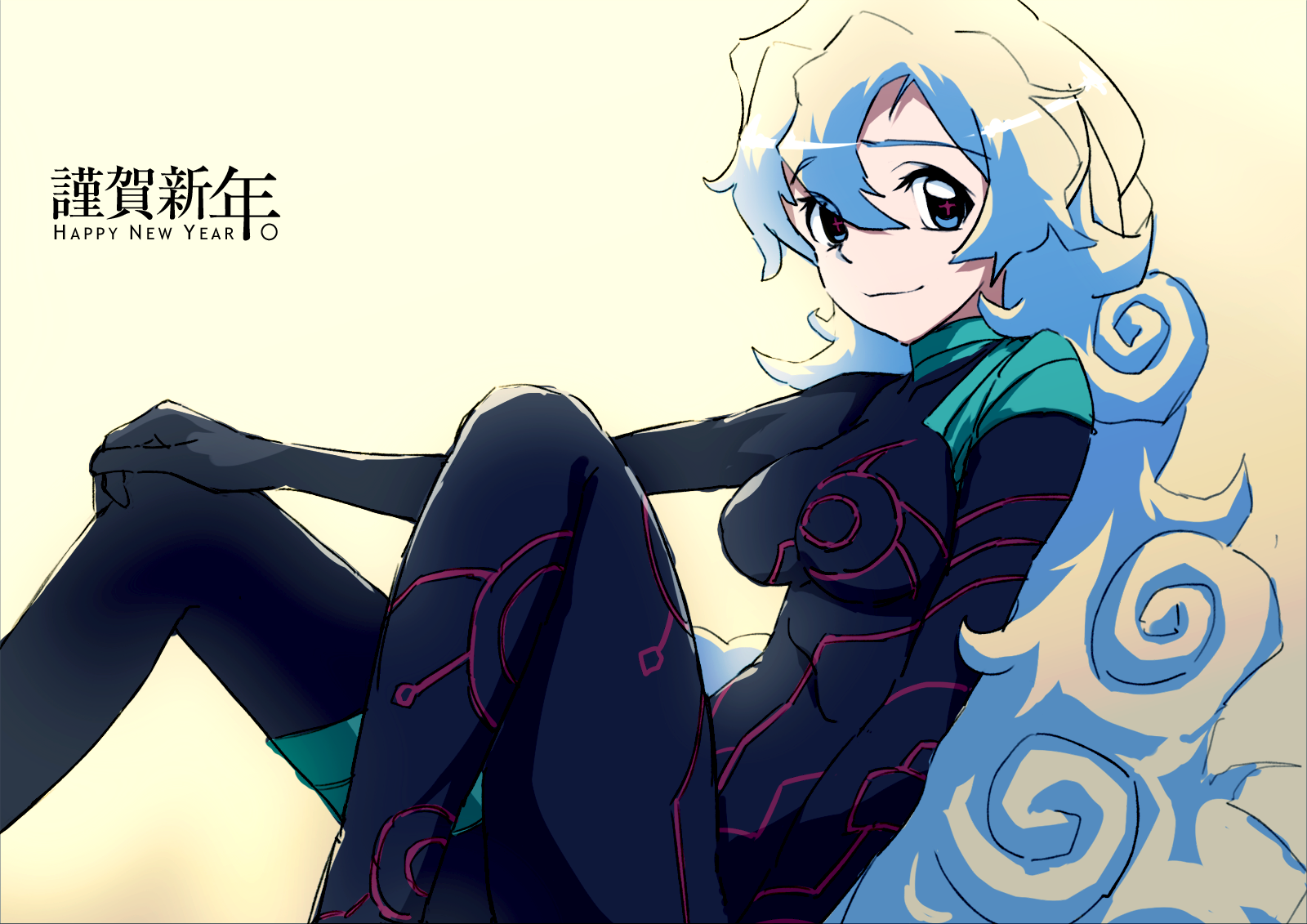 roony, antispiral nia, nia teppelin, tengen toppa gurren lagann, highres, + +, 00s, 1girl, blonde hair, blue eyes, blue hair, bodysuit, breasts, collarbone, cross-shaped pupils, curly hair, female focus, hand on own knee, long hair, multicolored hair, new year, sitting, skin tight, smile, solo, symbol-shaped pupils, two-tone hair, very long hair