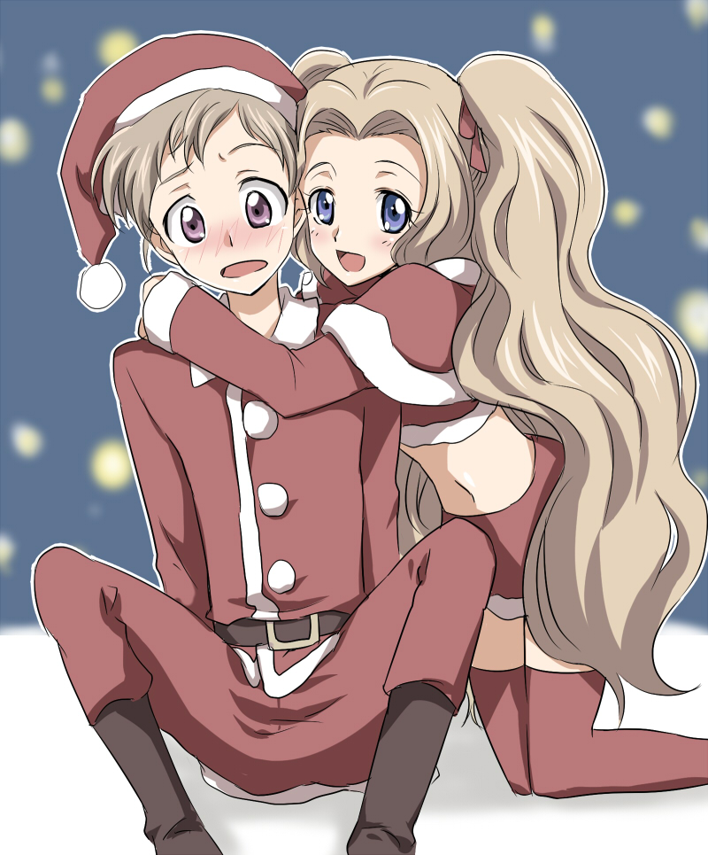maruki (punchiki), nunnally vi britannia, rolo lamperouge, code geass, bad id, bad pixiv id, 00s, blue eyes, blush, brown hair, hat, hug, kneeling, long hair, purple eyes, santa costume, santa hat, thighhighs, twintails, zettai ryouiki