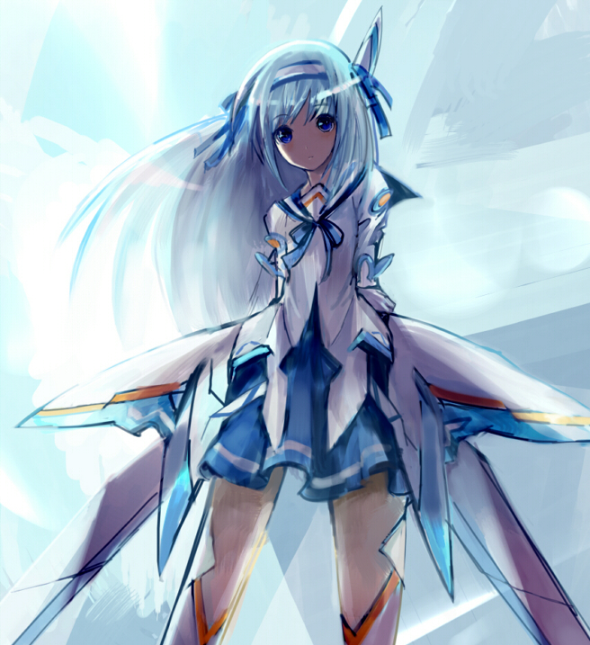 kiyo, star (ikaruga), otomedius, 1girl, arms behind back, blue eyes, blue hair, female focus, hairband, long hair, matching hair/eyes, mecha musume, school uniform, skirt, solo