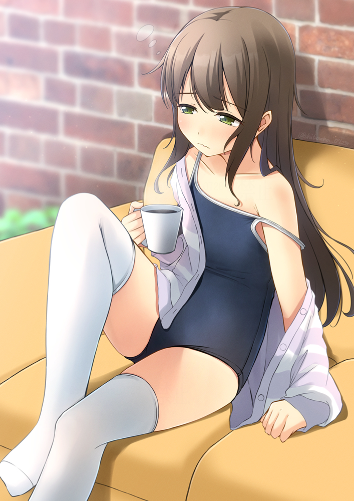 shibacha, original, commentary request, commission, skeb commission, 1girl, black one-piece swimsuit, brick wall, brown eyes, brown hair, coffee, coffee mug, collared shirt, couch, cup, dress shirt, flat chest, long hair, mug, one-piece swimsuit, open clothes, open shirt, shirt, solo, strap slip, swimsuit, thighhighs, white shirt, white thighhighs